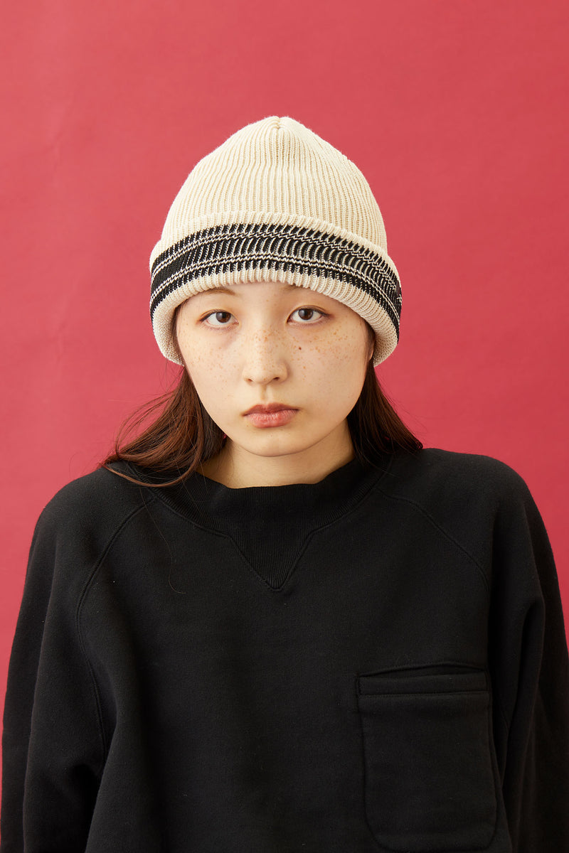 CUFF KNIT CAP / 3D BORDER / WHITE